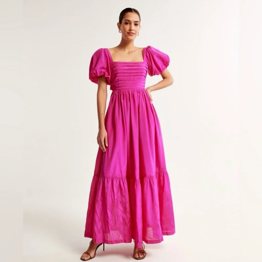 Abercrombie & Fitch Fuchsia Puff-Sleeve Maxi Dress